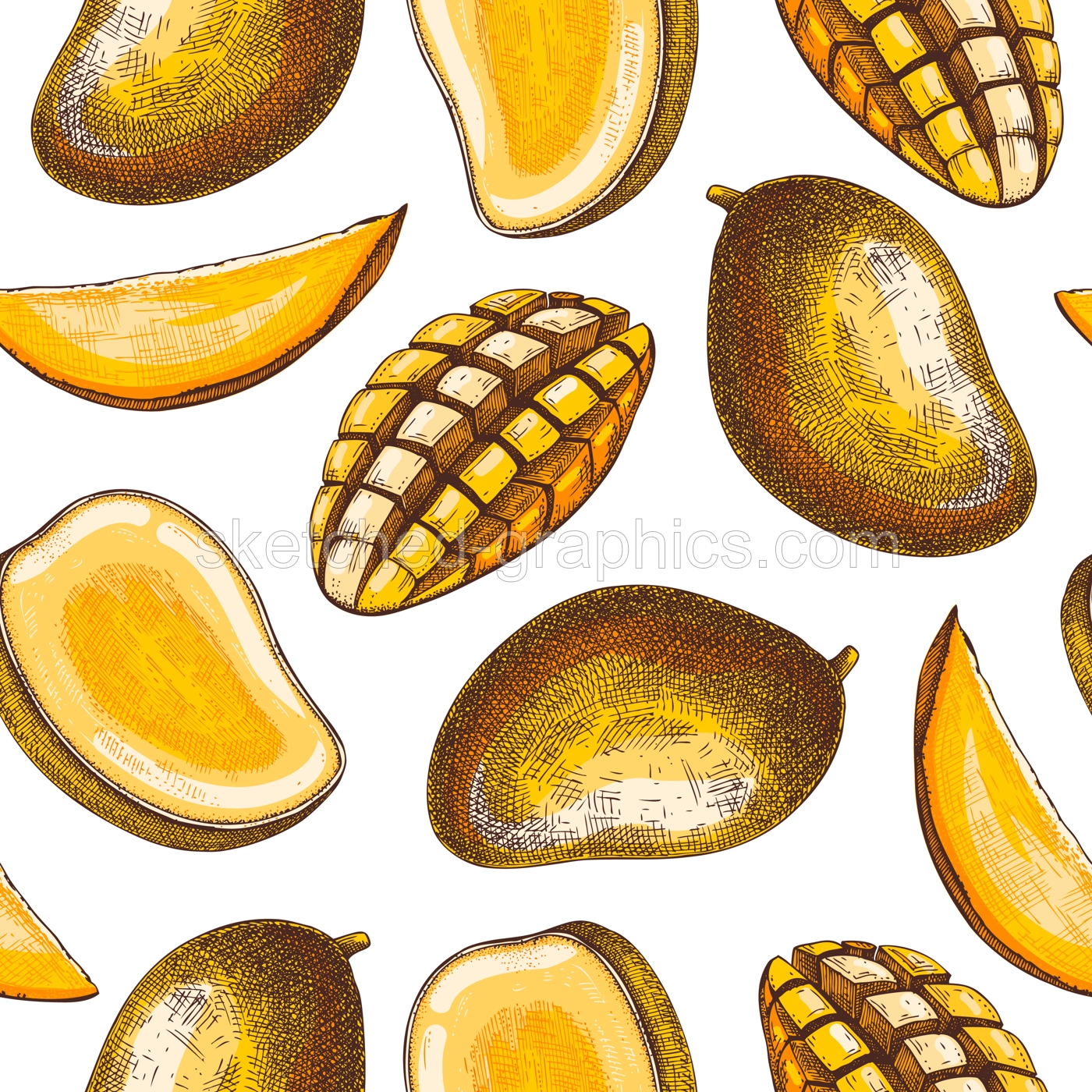 Ripe mango background. Tropical fruit seamless pattern in color. Hand drawn vector illustration. Exotic plant with fruit sketches. Summer food design, juice packaging, wrapping paper Illustration